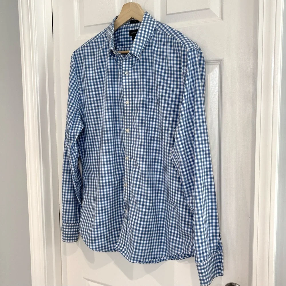 J. Crew Button Up Long Sleeve White Blue Checkered Nautical Shirt Men Sz XL SLIM